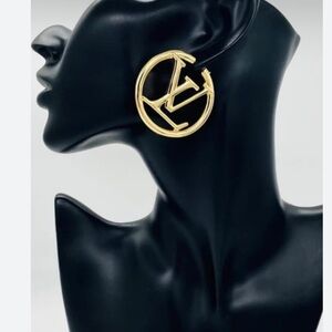 Gold Plated LV Logo Hoop Earrings 5cm